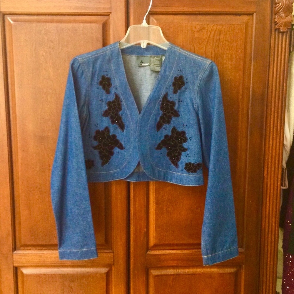 Blue Denim Jean Jacket with Black Floral Accents